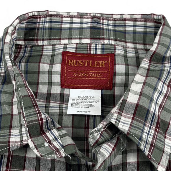 Rustler Western Shirt Adult EXTRA LARGE Green White Plaid Extra Long Tails Snaps - Picture 3 of 4